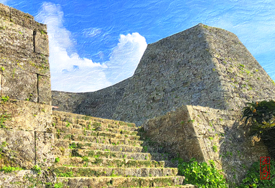 Rob Kajiwara - Nakagusuku Castle Stairs Sideview - Art of Okinawa / Asia 